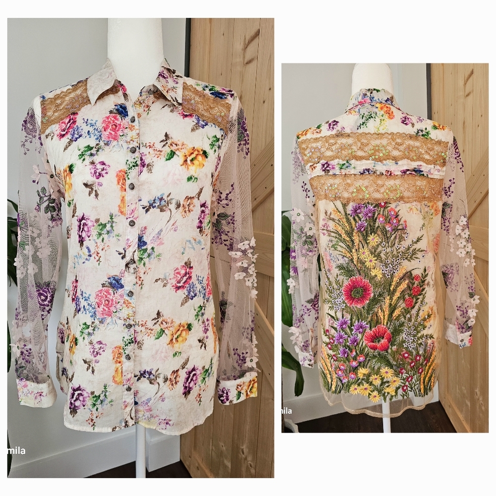ARATTA SILENT JOURNEY size XS Embroidered Floral Lace Button-Up Blouse.‎ Ptp 18"